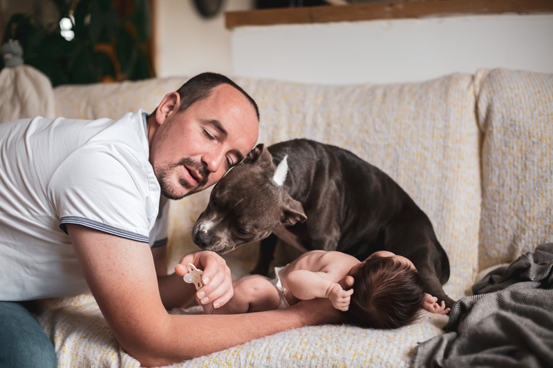 bébé avec son chien papa dans le canapé famille lifestyle naissance